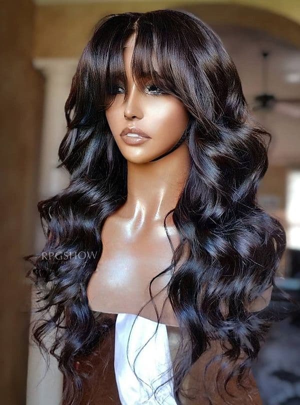 13x4 Long Natural Wavy Curtain Bangs Human Hair Lace Front Wigs
